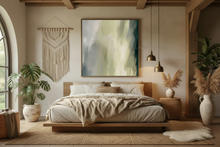 Cozy bedroom with wooden furniture, plants, and sage green abstract art on the wall.