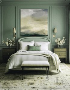 Sage Green Wall Art, hanging on sage green wall in bedroom decor setting with soft green color scheme. Framed Abstract Painting Extra Large Print on Canvas by Julia Apostolova. Perfect for Every interior, modern bedroom, boho decor or as Gift for Her