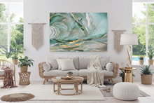 Living room with a large sage teal abstract painting on the wall, plants, and a sofa.