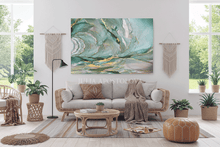 Sage Green Gold Leaf Abstract Painting, Extra Large Canvas Print, Modern Interior Zen Wall Art Decor