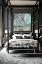 Luxurious bedroom with a four-poster bed, sage green gold abstract painting, and decorative elements.