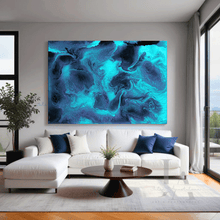 Ocean-Inspired Seascape Painting in Blue and turquoise, hanging over couch in modern living room