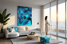 Modern living room with a large blue abstract painting, white sofa, and a woman standing by a glass door.