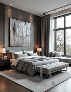 Original minimalist painting “Moonlight Whispers” in gray, silver, and white with black floating frame, hanging in modern bedroom setting