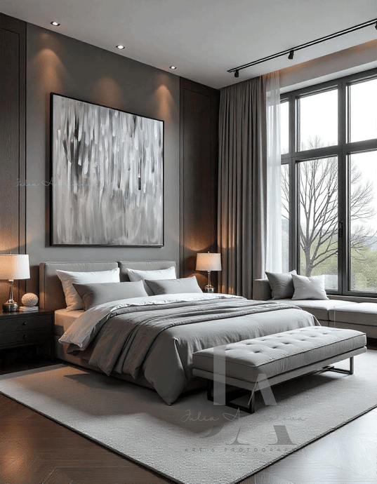 Original minimalist painting “Moonlight Whispers” in gray, silver, and white with black floating frame, hanging in modern bedroom setting