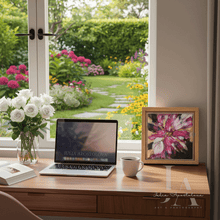 Laptop on a desk with flowers, a mug, and a painting in front of a window with a garden view.