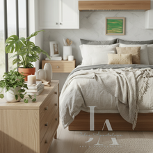 Neatly arranged bedroom with a bed, nightstands, green framed painting, plants and decor elements.
