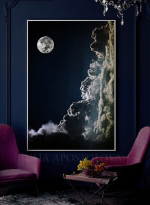 Cloud Painting with Storm Clouds and Full Moon Dark Blue Print Extra Large Wall Art for Bedroom or Office. Stormy Clouds Large Cloud Wall Art Canvas Print from Original by Julia Apostolova, Large Modern Trend Decor, Large Cloud Wall Art over couch in blue living room decor setting. blue wall decor, navy blue painting, blue decor, blue canvas art, art gifts for him, art gift for friends, art gift, art for master bedroom, abstract painting, abstract print, huge abstract art, Cloudscape Abstract Wall Art