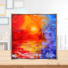 Colorful Abstract Seascape Painting Gold Frame Sunset Wall Art Gift for Him Christmas Unique Present