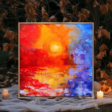 Colorful Abstract Seascape Painting Gold Frame Sunset Wall Art Gift for Him Christmas Unique Present