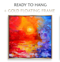 Colorful abstract sunset painting with a gold floating frame on a white background