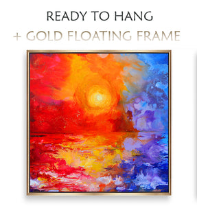 Colorful abstract sunset painting with a gold floating frame on a white background