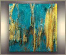Abstract painting with teal and gold colors on a gray background, by artist Julia Apostolova