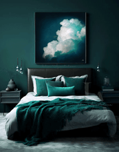 Cloud Wall Art Large Teal Abstract Art hanging on dark teal wall over bed in bedroom decor setting. Navy Blue Canvas for Trendy Home Decor, Dark Teal Abstract Wall Art from Original Cloud Paintings by Julia Apostolova. Round Prints on Canvas for Large Contemporary or Boho Wall Decor