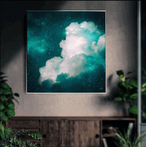 Abstract Cloud Wall Art Celestial Cloud Dark Teal Painting office art, art for him, hotel lobby decor, airbnb wall decor, large canvas print, affordable art Large Canvas Art for Modern Home Office DecorCloud Wall Art on high qualify Canvas from Original Cloud Painting by artist Julia Apostolova, , visual art, art above couch, perfect Teal Wall Art Trend Decor for Bedroom, Living room Office, Hotel, Restaurant, also ideal gift for him, art for living room, bedroom art above bed,