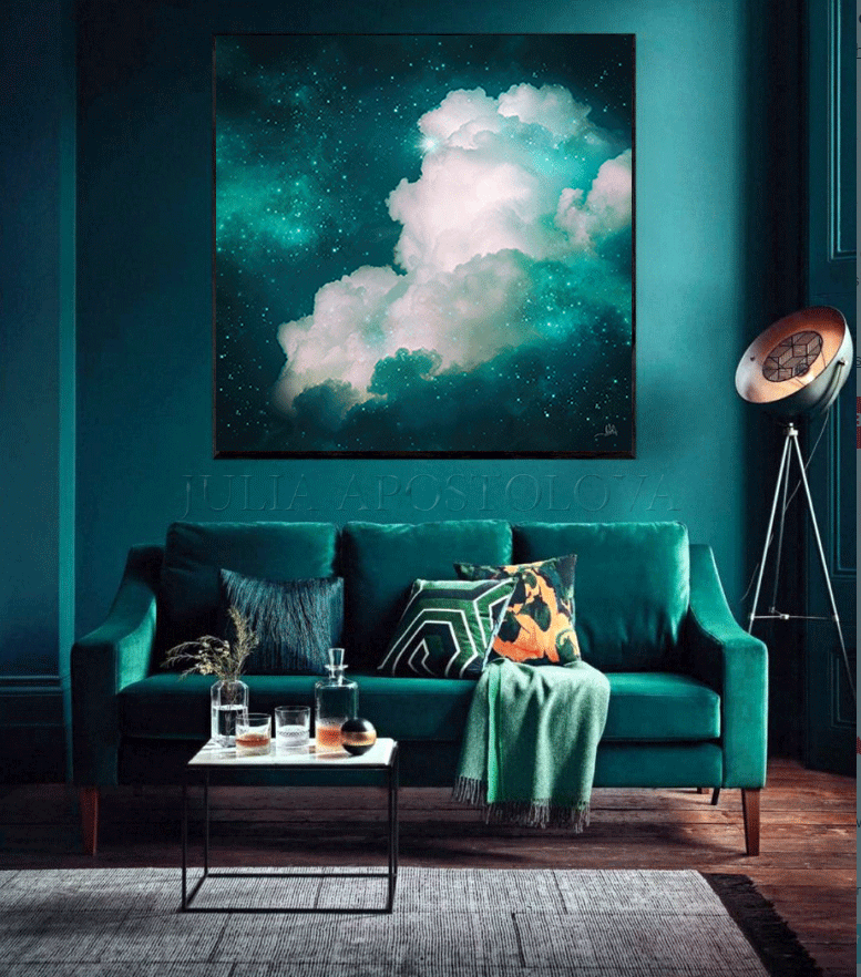 Abstract Cloud Wall Art Celestial Cloud Dark Teal Painting Large Canvas Art for Modern Home Office DecorCloud Wall Art on high qualify Canvas from Original Cloud Painting by artist Julia Apostolova, , visual art, art above couch, perfect Teal Wall Art Trend Decor for Bedroom, Living room Office, Hotel, Restaurant, also ideal gift for him, art for living room, bedroom art above bed, office art, art for him, hotel lobby decor, airbnb wall decor, large canvas print, affordable art