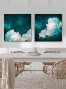 Two Celestial Abstract Cloud Paintings, Wall Art Set Canvas Prints, Nordic Style Modern Boho Decor, Dark Teal Painting Abstract Cloud Wall Art Celestial Large Canvas Art for Modern Home Office DecorCloud Wall Art on high qualify Canvas from Original Cloud Painting by artist Julia Apostolova, perfect Teal Wall Art Trend Decor for Bedroom, Living room Office, Hotel, Restaurant, also ideal gift for him, art for living room, bedroom art above bed, office art, art for him, hotel lobby decor, airbnb wall decor
