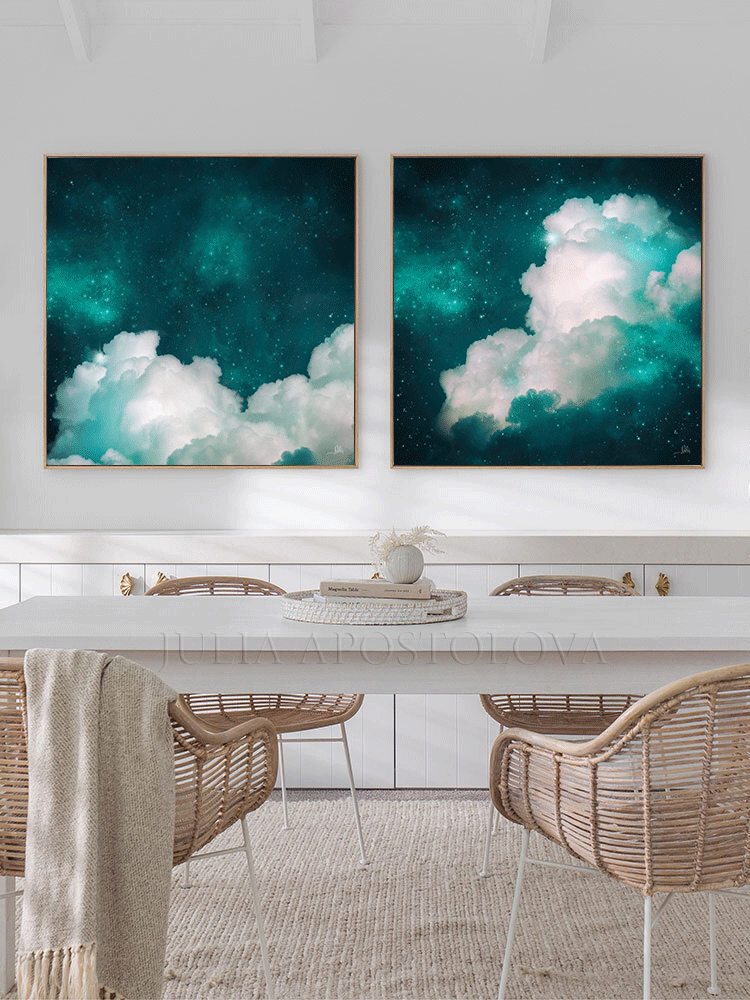 Two Celestial Abstract Cloud Paintings, Wall Art Set Canvas Prints, Nordic Style Modern Boho Decor, Dark Teal Painting Abstract Cloud Wall Art Celestial Large Canvas Art for Modern Home Office DecorCloud Wall Art on high qualify Canvas from Original Cloud Painting by artist Julia Apostolova, perfect Teal Wall Art Trend Decor for Bedroom, Living room Office, Hotel, Restaurant, also ideal gift for him, art for living room, bedroom art above bed, office art, art for him, hotel lobby decor, airbnb wall decor