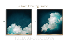 Two framed cloud art prints shown side by side on a white background, with the text '+ Gold Floating Frame' above and 'JULIA APOSTOLOVA' below. The left print is labeled '1#' and the right '2#'.