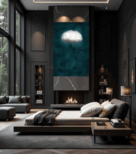 A modern and luxurious bedroom with a a low wooden platform bed, a large marble wall panel, a minimalist cloud painting in dark teal color scheme, a cozy seating area with a fireplace, and a large window overlooking a natural landscape. The room has a dark gray black and moody color scheme with warm lighting, creating a romantic and inviting atmosphere.