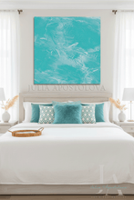 Bedroom with white bedding, teal pillows, and a large turquoise abstract painting on the wall, by artist Julia Apostolova