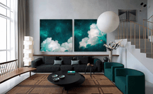 Two Celestial Abstract Cloud Paintings, Large Teal Wall Art Set on Canvas, Nordic Modern Boho Decor, Dark Teal Painting Abstract Cloud Wall Art Celestial Large Canvas Art for Modern Home Office DecorCloud Wall Art on high qualify Canvas from Original Cloud Painting by artist Julia Apostolova, perfect Teal Wall Art Trend Decor for Bedroom, Living room Office, Hotel, Restaurant, also ideal gift for him, art for living room, bedroom art above bed, office art, art for him, hotel lobby decor, airbnb wall decor