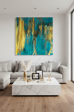 Modern living room with a gray sectional sofa, marble coffee table, and teal gold abstract art on the wall, by artist Julia  Apostolova.