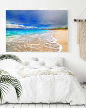 Beach scene wall mural in a bedroom setting