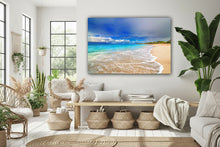 Modern living room with a beach scene painting on the wall