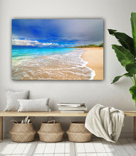 Beach scene painting on a wall above a wooden bench with decorative items.