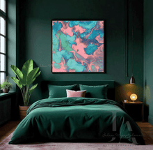 A styled bedroom featuring a dark green bed with matching bedding, a large abstract wall art print with swirling pink, teal, and turquoise colors, a dark green headboard, a window on the left, and a bedside lamp.