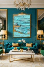 A large framed abstract painting by artist Julia Apostolova with swirling turquoise, teal, and gold brushstrokes hangs on a deep teal wall above a teal velvet sofa in a luxurious living room setting.