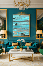 A large framed abstract painting by Artist Julia Apostolova , with swirling turquoise, teal, and gray patterns hangs on a deep teal wall above a teal velvet sofa in a luxurious living room setting.