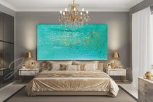 Modern bedroom with a large turquise gold abstract painting, chandelier, and gold accents.