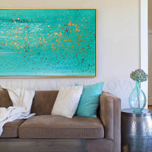 Living room with a brown sofa, turquoise pillows, and a large turquoise abstract painting on the wall by artist Julia Apostolova.