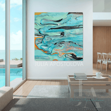 Abstract painting by Julia Apostolova in a modern living room with a pool view.