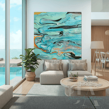 Modern living room with teal abstract painting on the wall, by artist Julia Apostolova, boho decoration, sofa, coffee table, and a pool and ocean view.