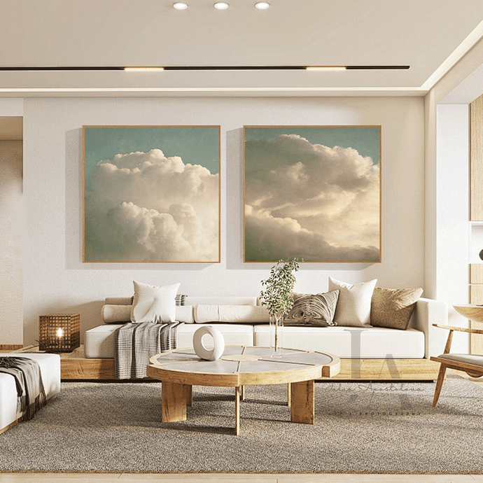  Boho Decor with set of two cloud paintings, Vintage Clouds, Two Abstract Paintings, Canvas Print Wall Art Set over coach in livingroom setting, Nordic Style,2 wall art for bohemian decor, scandinavian design, minimal wall art, minimalist painting, cloudscape wall art, dreamy art, scandinavian art, nordic design, scandinavian design style, julia apostolova, sage green, beige colors, oil painting print, modern wall decor, wall art decor, wall art, contemporary two abstract prints, modern decor