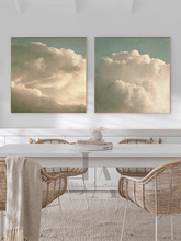 Vintage Clouds, Two Abstract Paintings, Canvas Print Wall Art Set over cadenza in dining room setting, Nordic Style, Boho Decor, set of two, cloud paintings, 2 wall art for bohemian decor, scandinavian design, minimal wall art, minimalist painting, cloudscape wall art, dreamy art, scandinavian art, nordic design, scandinavian design style, julia apostolova, sage green, beige colors, oil painting print, modern wall decor, wall art decor, wall art, contemporary two abstract prints, modern decor