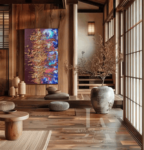 A traditional Japanese-style living room with a large relief wabi-sabi painting on the wall, feature 3d rich gold and copper textures. The room features natural wood elements, low wooden table surrounded by puff, cushions, neutral tones, and minimalist decor, creating a calming and harmonious atmosphere.