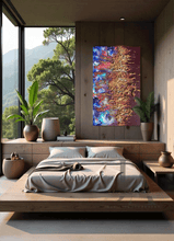 A traditional Japanese-style bedroom with a large relief wabi-sabi painting on the wall, feature 3d rich gold and copper textures. The room features low wooden bed, a low wooden table surrounded by natural wood elements, and a view of a serene green mountain outside. The room has neutral tones, and minimalist decor, creating a calming and harmonious atmosphere
