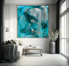 Teal Minimalist Painting Silver Accents Abstract Seascape Canvas Coastal Wall Decor Julia Apostolova