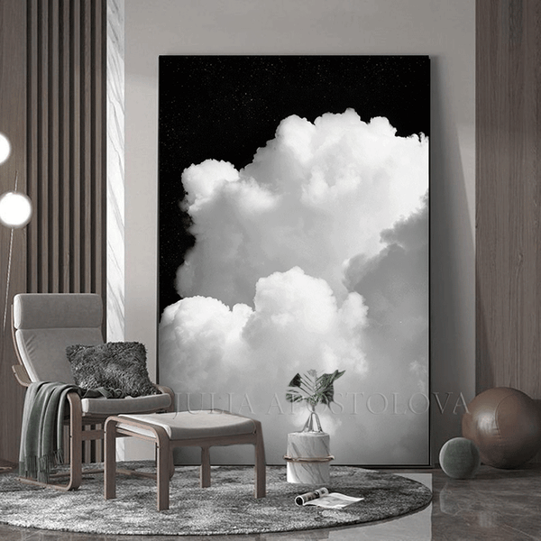 Black Sky White Clouds Painting Black White Cloud Wall Art Canvas
