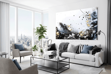 Modern living room with a large white black gold abstract painting on the wall