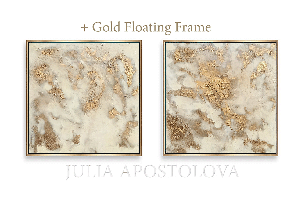 Framed Original Paintings with Gold Floating Frames by artist Julia Apostolova. White Gold Textured Abstract Art with white and ivory color scheme, metallic gold accents and 
gloss resin finish that provide a unique and eye-catching element.