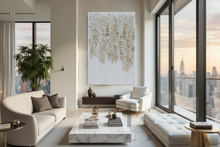Modern living room with large windows, white gold 3d original painting by artist Julia Apostolova, white furniture, and cityscape view.