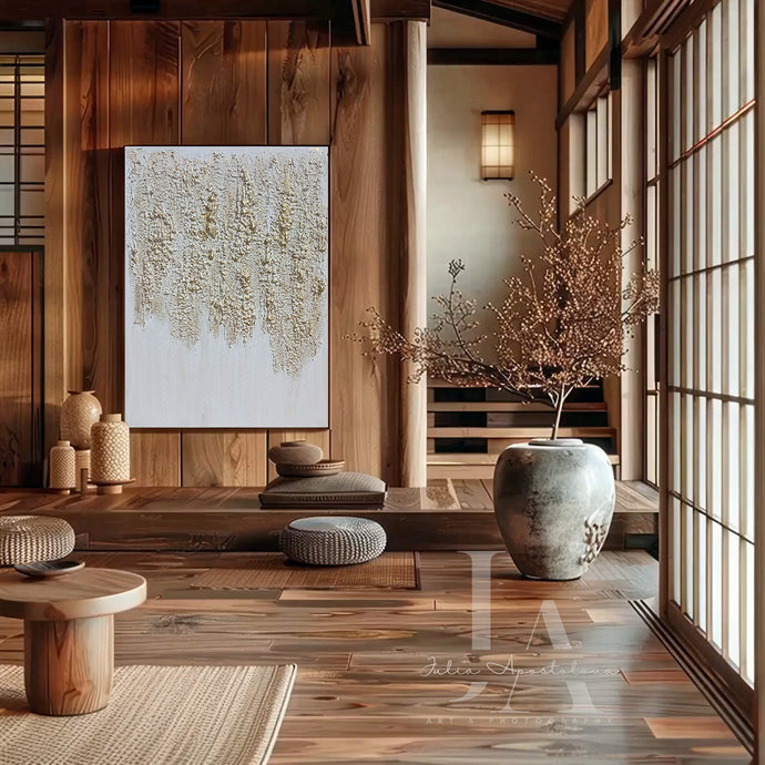 Modern interior design with wooden walls, a large abstract painting, and decorative elements.
