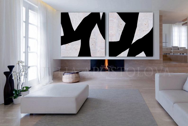 Black White Wall Art Abstract Paintings, Geometric Black White Two Canvas Prints for Modern Decor