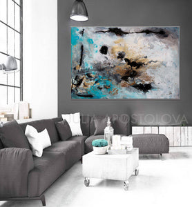 Large Wall Art, Gold  Leaf, Abstract Painting, Gray Gold Turquoise Black, Watercolor Abstract, Canvas Print, Modern Wall Decor, Calm After The Storm, Julia Apostolova, interior, design, gold teal black, home decor, interior design, art collector