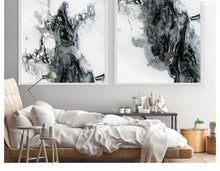 Black and White Painting Wall Art Canvas with Silver Accents, Modern Art Abstract Watercolor Print